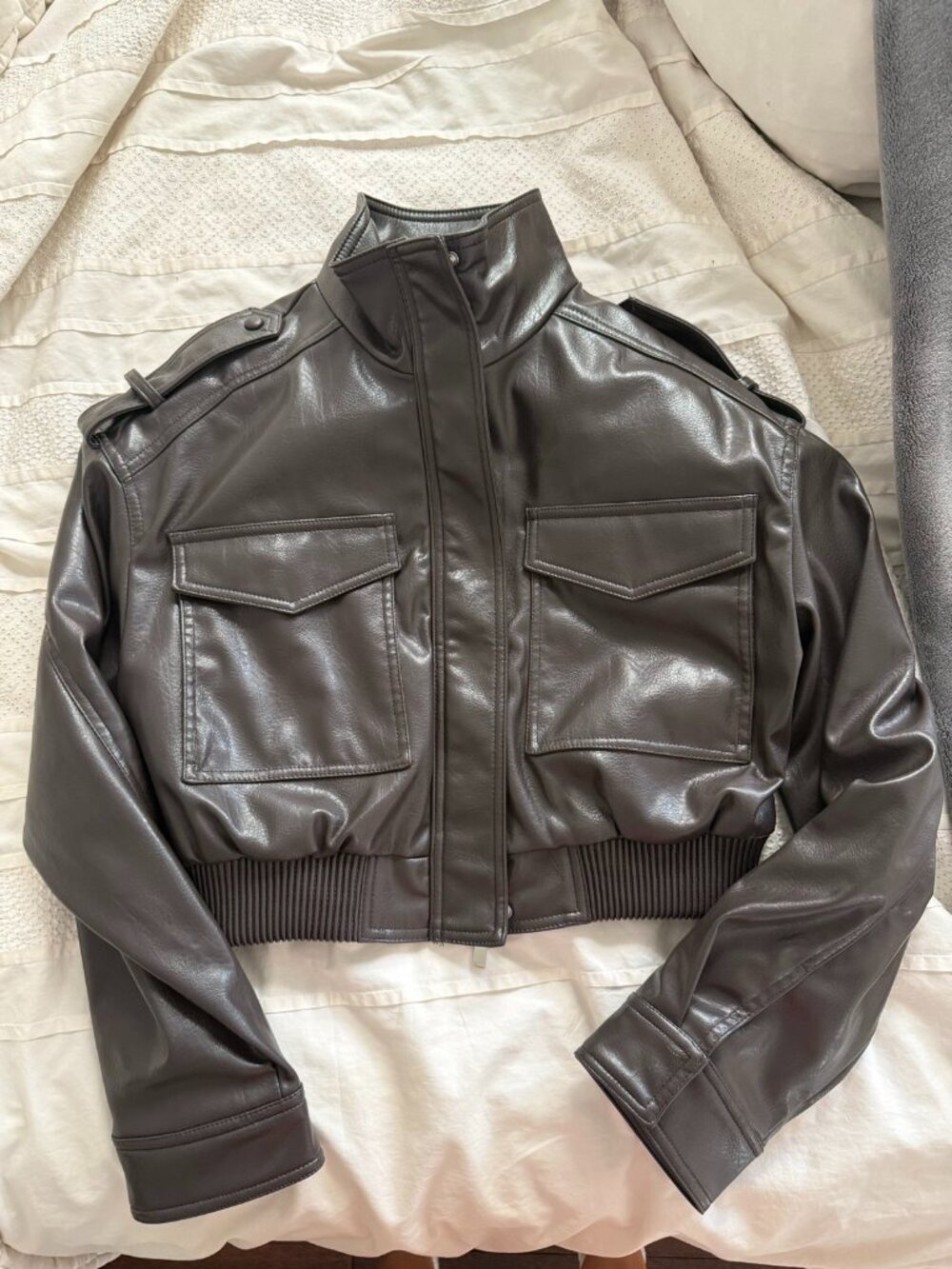 Zara Faux Leather Bomber Jacket Dark Brown Cargo Pockets Size S